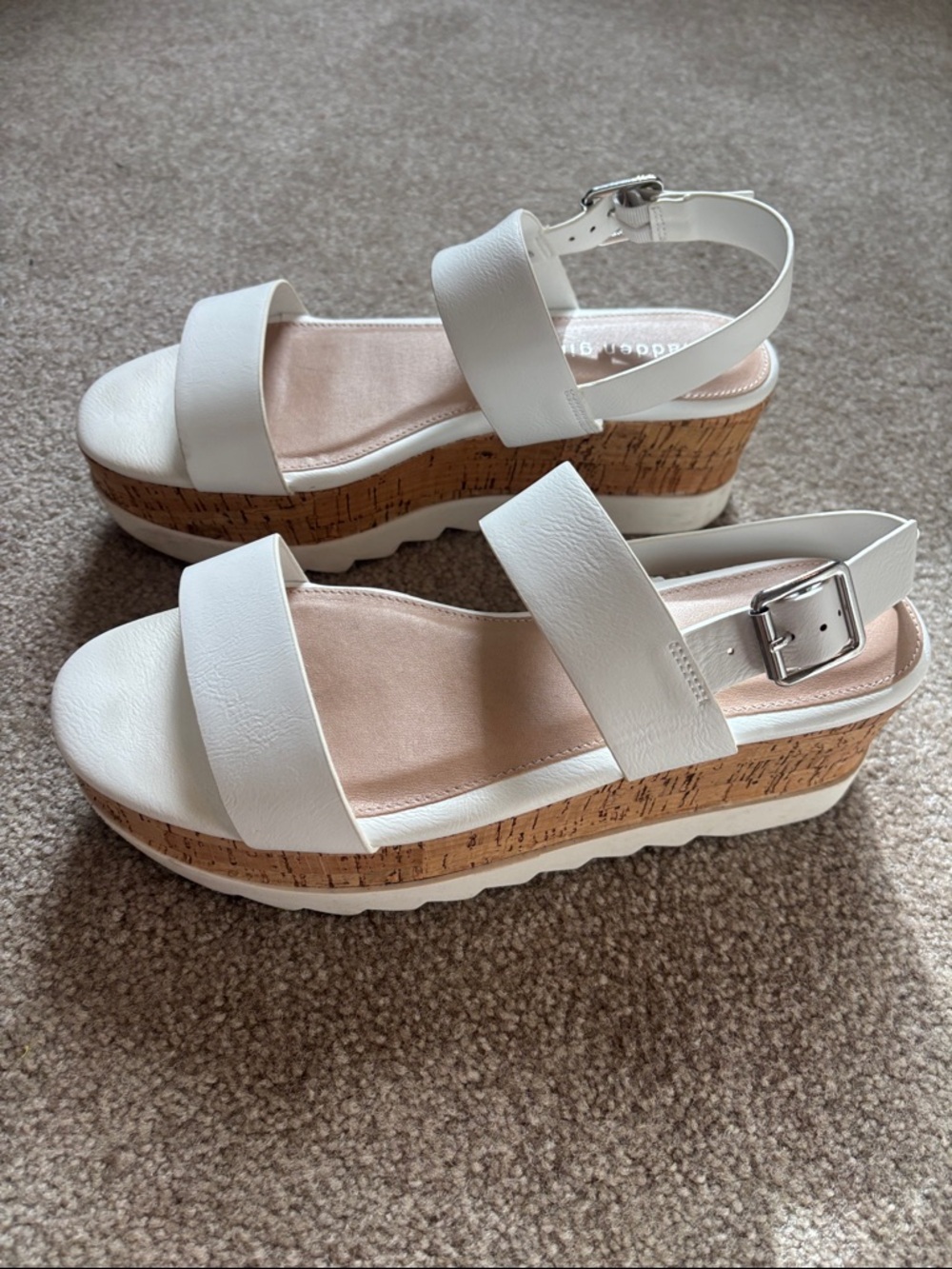 Madden Girl White Cork Platform Sandals with Silver Buckle - Picture 5 of 6